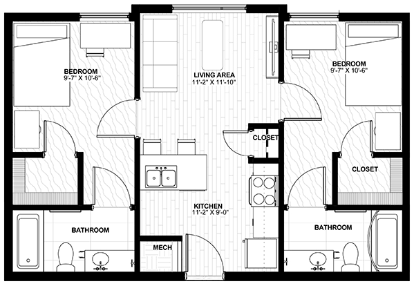 Canyon Creek Heights South - 2x2 Apartment Floor Plan UT Dallas