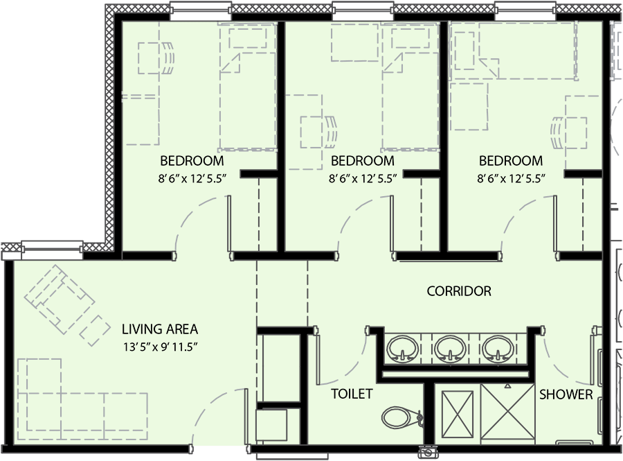University Commons floorplan three bedroom suite